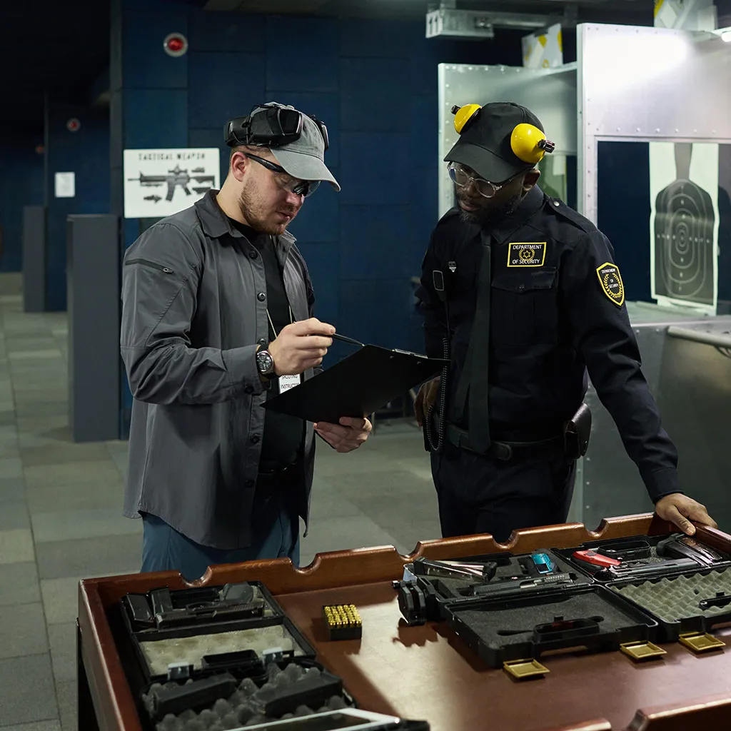 Security officers reviewing tactical training procedures in Melbourne, Australia.