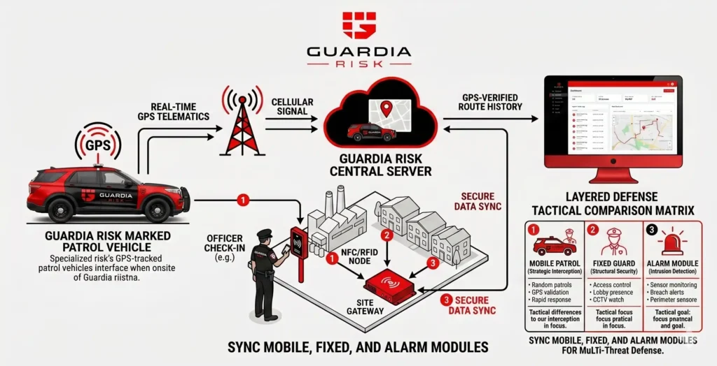 A structural chart illustrating a layered corporate defense framework, showcasing the tactical differences between mobile units, fixed guards, and alarm handlers