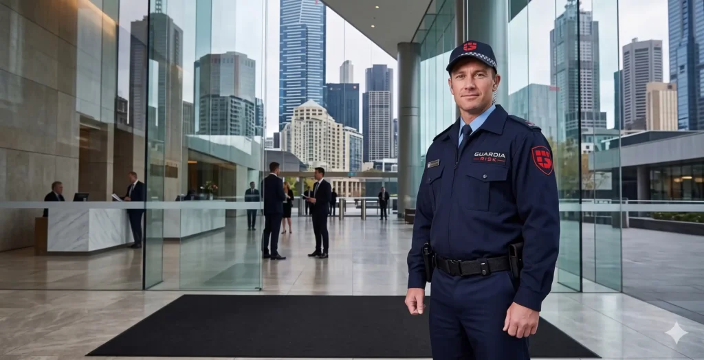 Guardia Risk professional uniformed security guard on duty at a corporate Southbank property in Melbourne