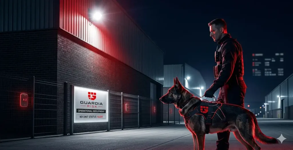 A disciplined security canine alongside an experienced handler checking warehouse perimeter structures during night patrols, lit with sharp backlighting that highlights a clean, protective stance