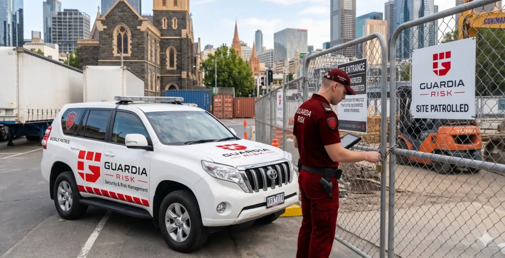 Mobile patrol officer inspecting gates and temporary fencing at a Melbourne construction project.