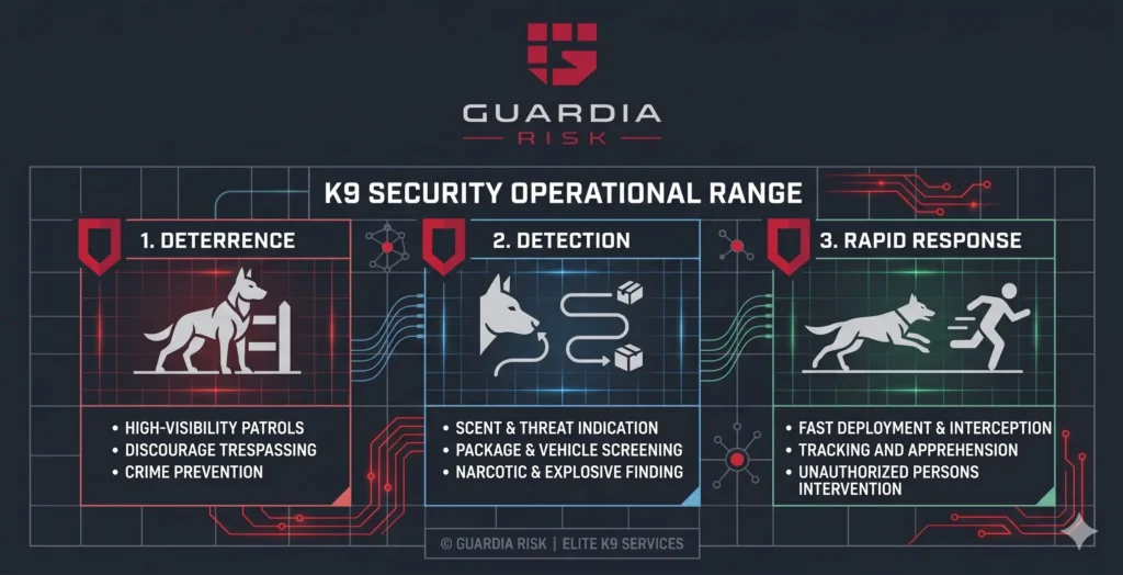 Infographic displaying Guardia Risk canine security capabilities including detection, night property patrol, and intrusion response.