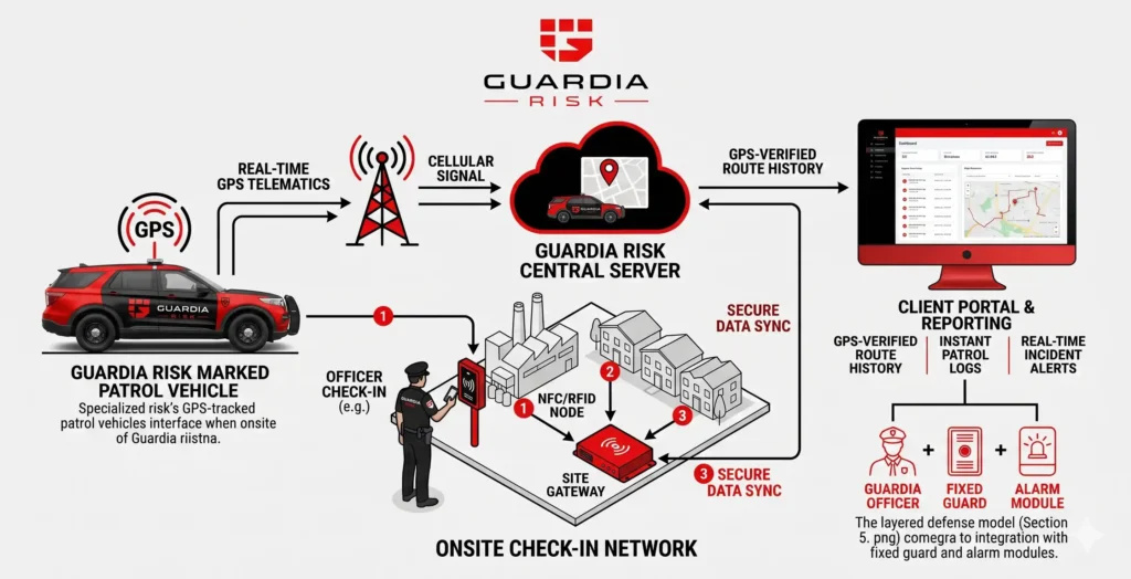 technical process diagram showing how GPS-tracked patrol vehicles interface with an onsite check-in network